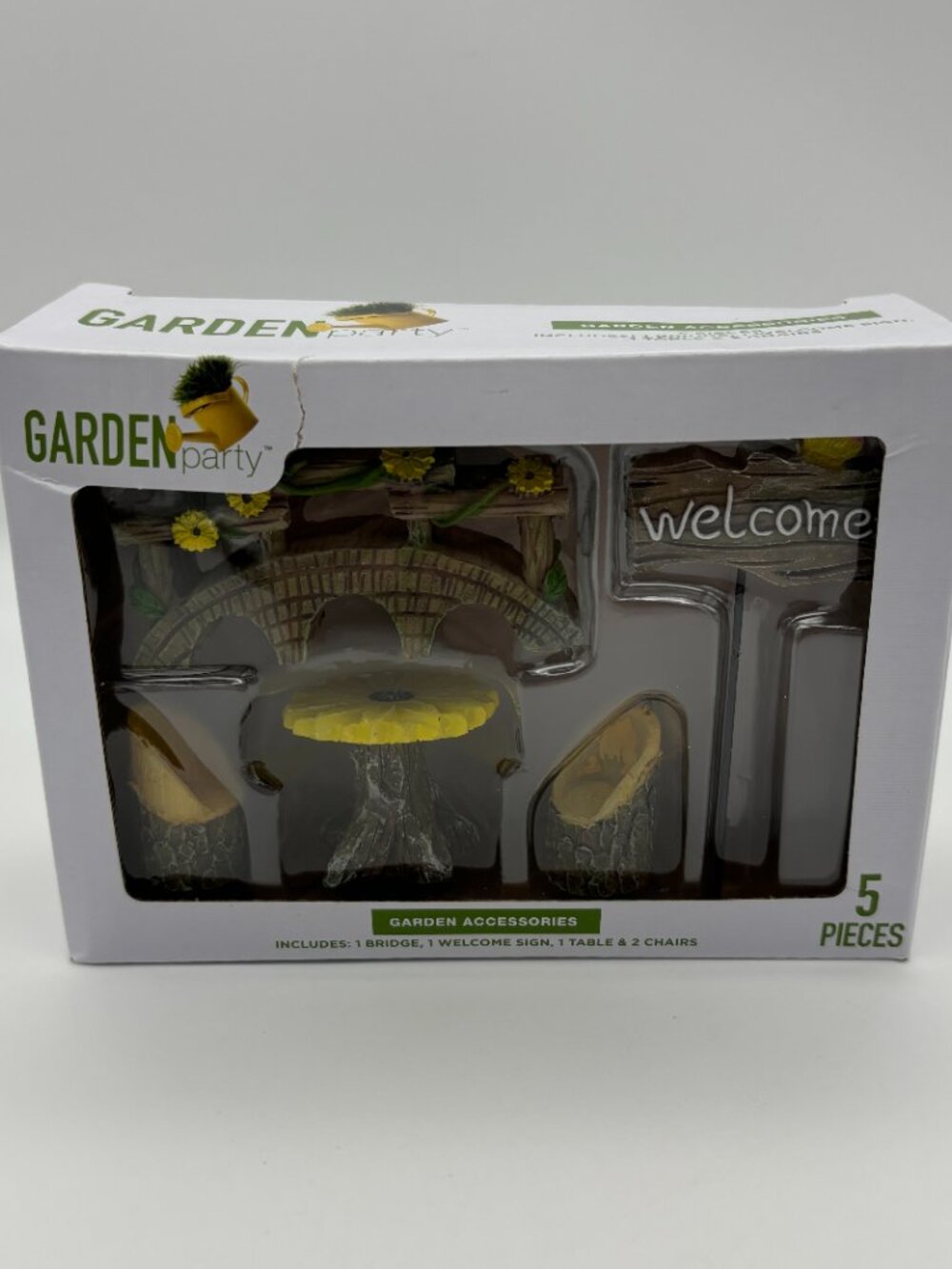 Garden Party 5pc Accessories Decor Set, Bridge Welcome Sign Table Chairs NEW